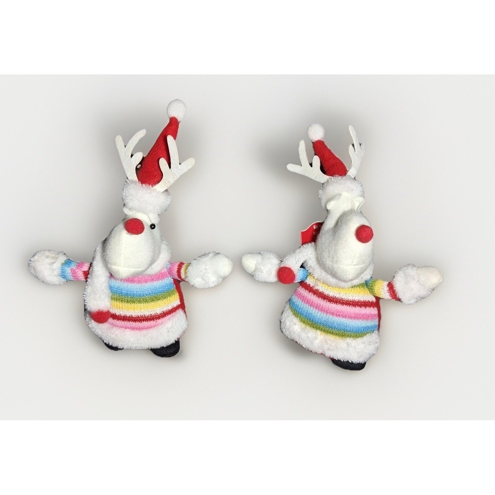 Holiday Time Rainbow Sweater Reindeer Plush Christmas Decor Set of 2 White Red